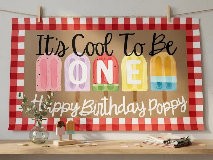 First-birthday banner with a red gingham border and five illustrated cakesicles spelling “ONE,” reading “It’s Cool To Be Happy Birthday Poppy.”